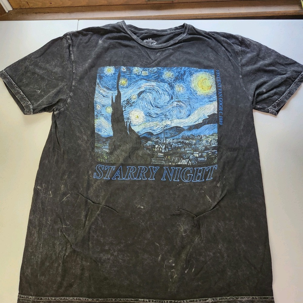 Vincent Van Gogh Starry Night T-Shirt Large Acid Wash Gray Black Cropped Graphic